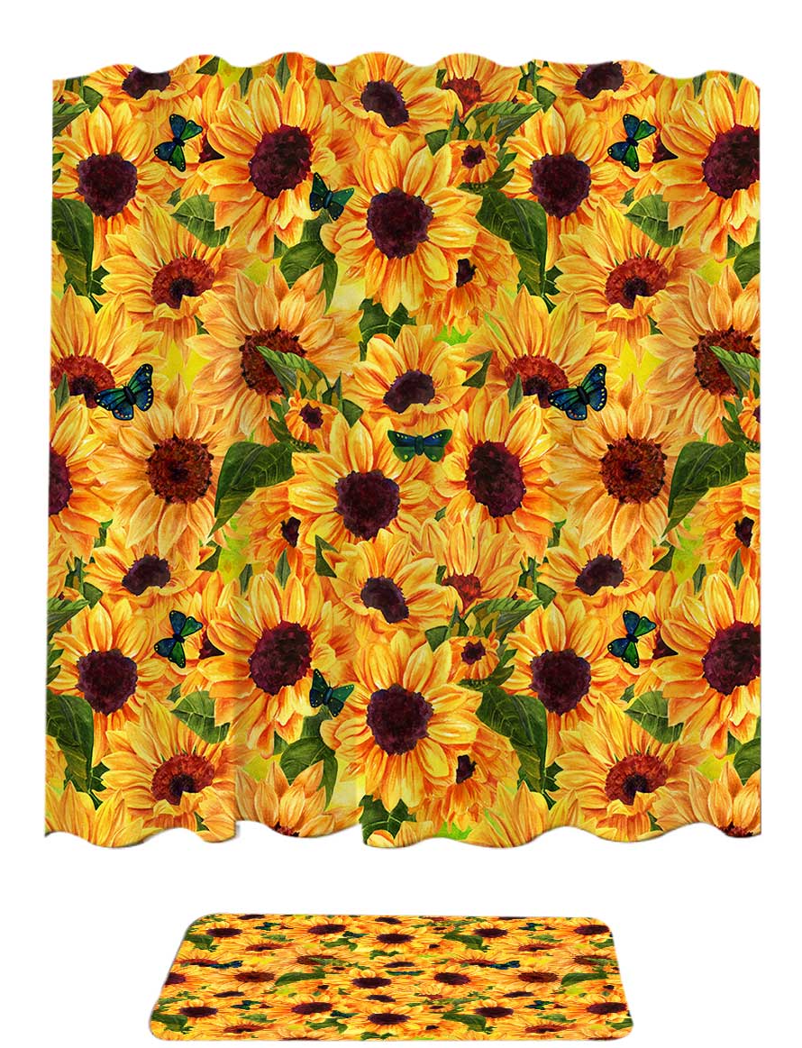 Sunflower Shower Curtain Sets with Rugs Free 12 Hooks