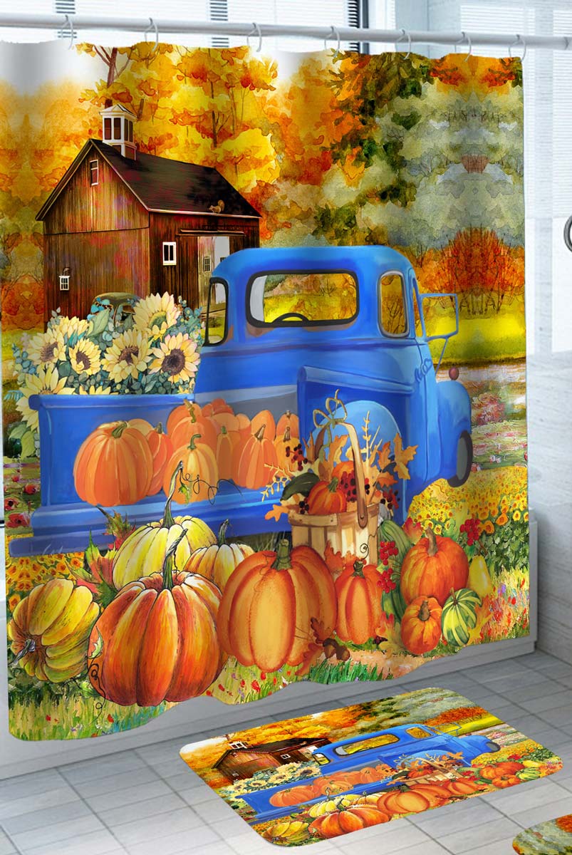 Fall Pumpkins Maple Leaf Shower Curtain, Autumn Leaves Harvest Thanksgiving Farmhouse Watercolor Seasonal Bathroom Curtain Sets, Waterproof Fabric Bat