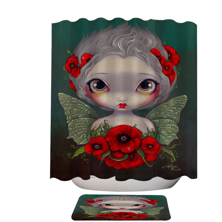 Lovely Big Eyed Fairy Portrait with Red Poppies Shower Curtain