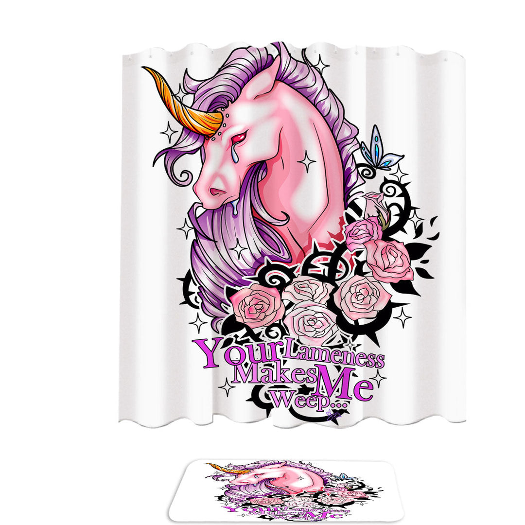 Purplish Roses and Unicorn Rudicorn Cool Quote Shower Curtains