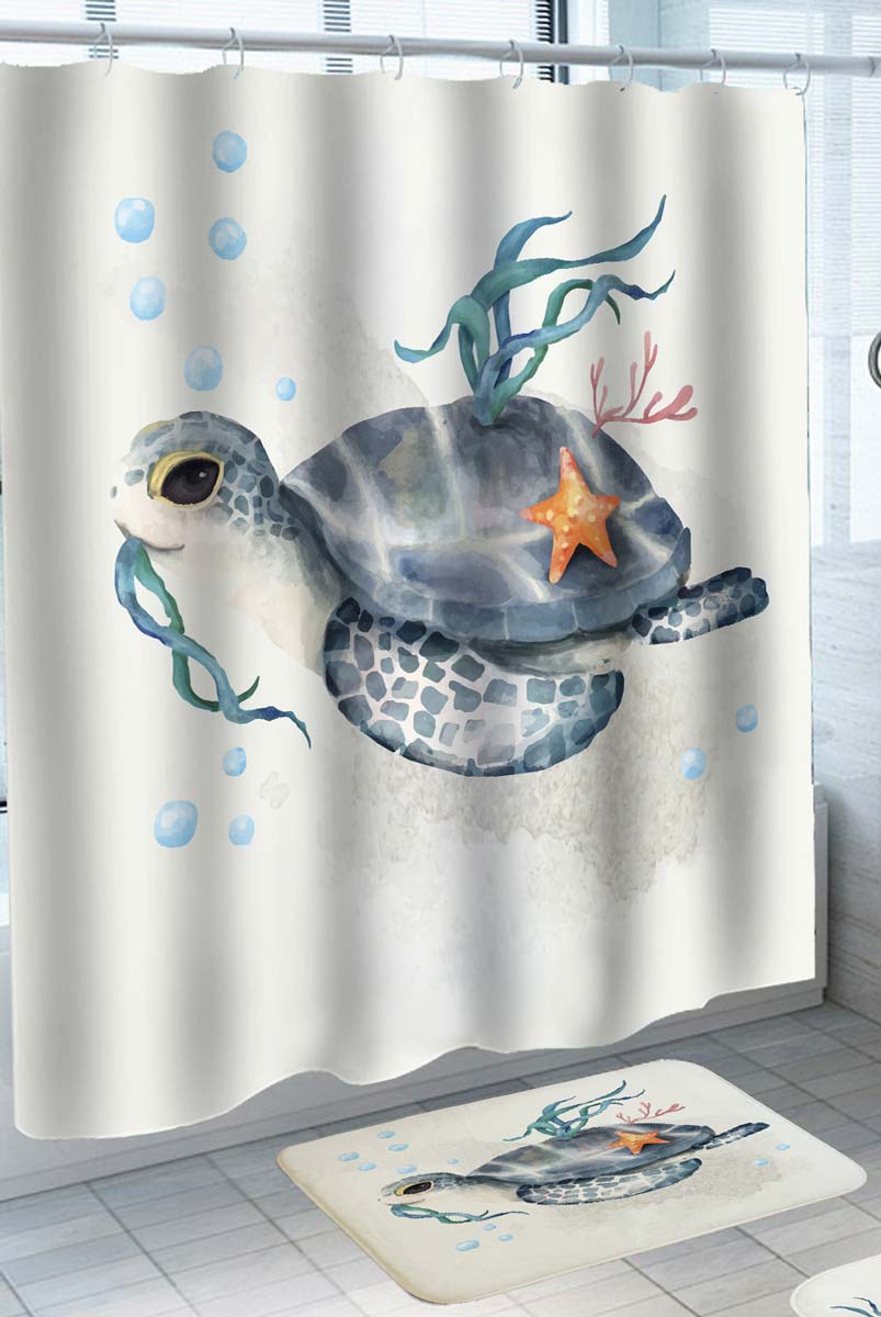 Adorable Turtle with Starfish and Seaweed Shower Curtain