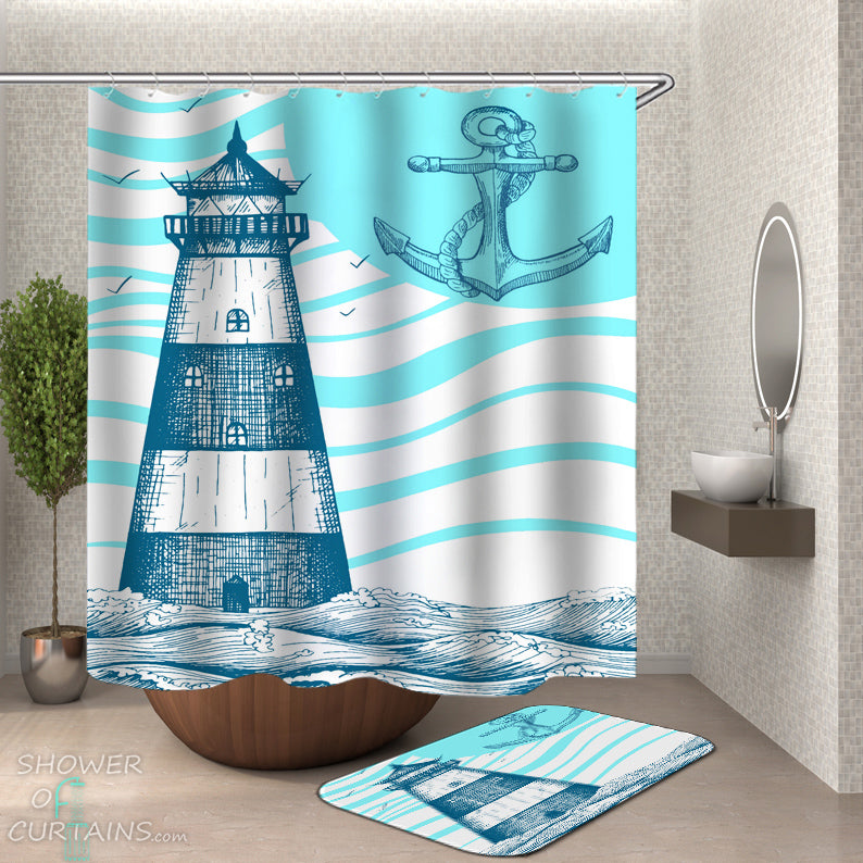 Anchor And Lighthouse Shower Curtain - Nautical Themed Bathroom Decor