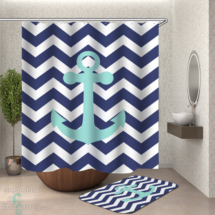 Anchor Shower Curtain Set of Blue White Chevron Anchor
