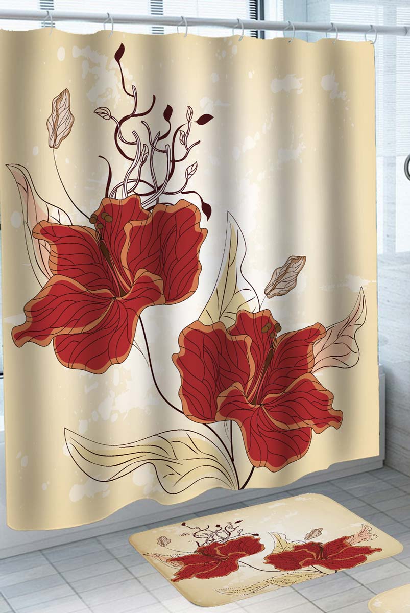 Art Drawing Shower Curtain with Red Hibiscus Flowers