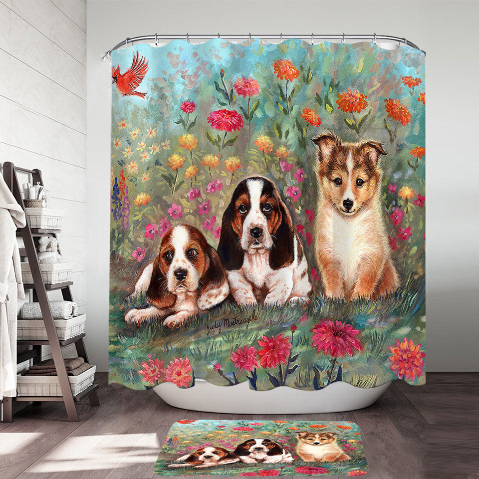 Art Painting Cute Dog Shower Curtain Puppies and Flowers