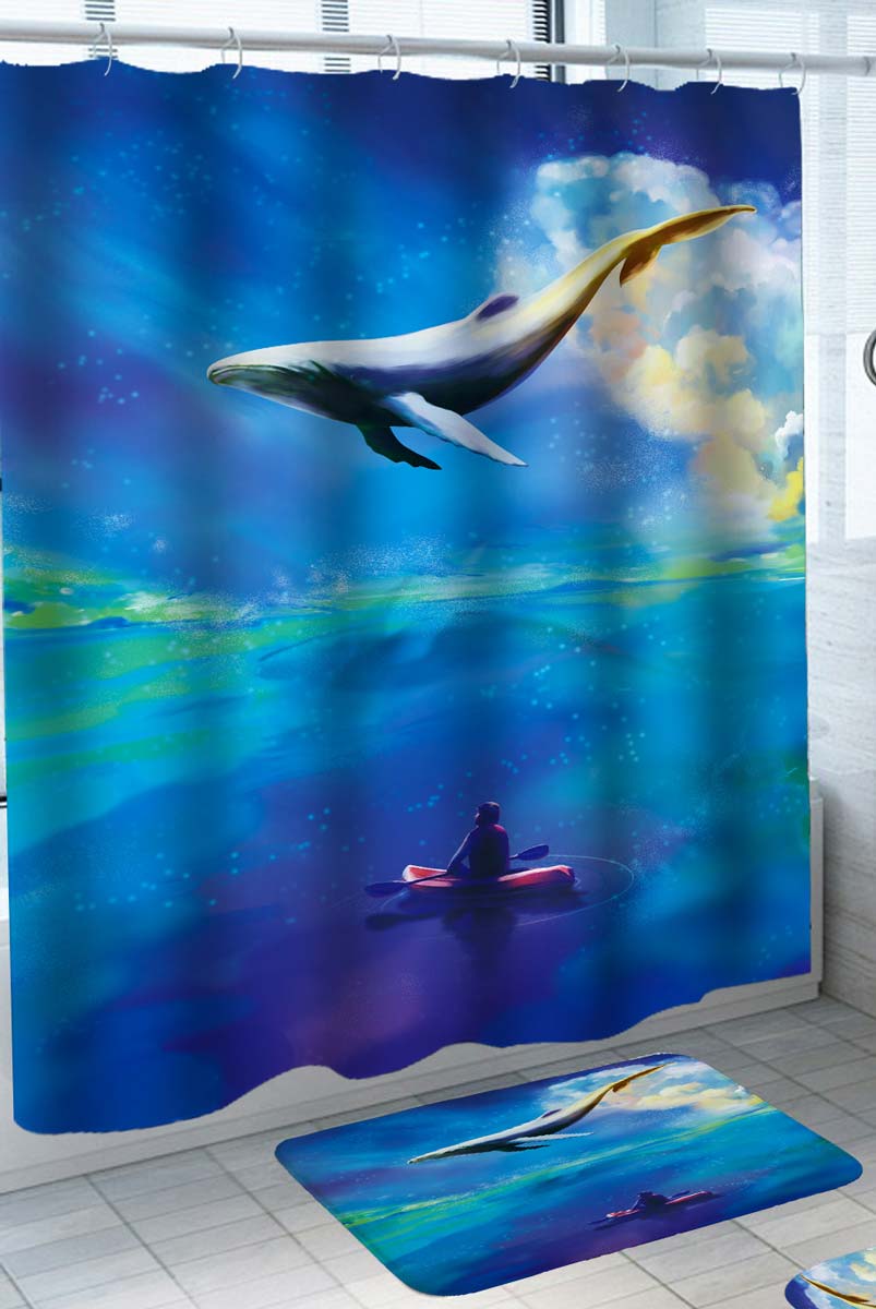 Art Painting Flying above the Ocean Whale Shower Curtain