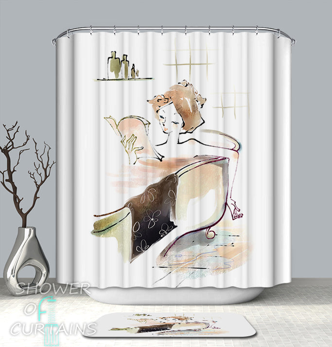 Art Shower Curtain - Bathing With A Book Drawing
