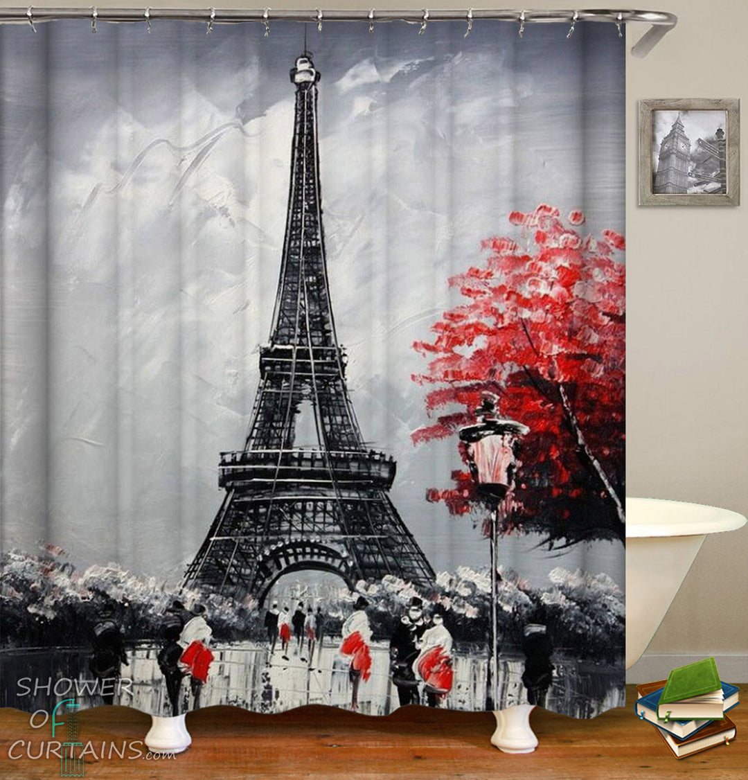 Art Shower Curtain of Eiffel Tower Black And Red Art