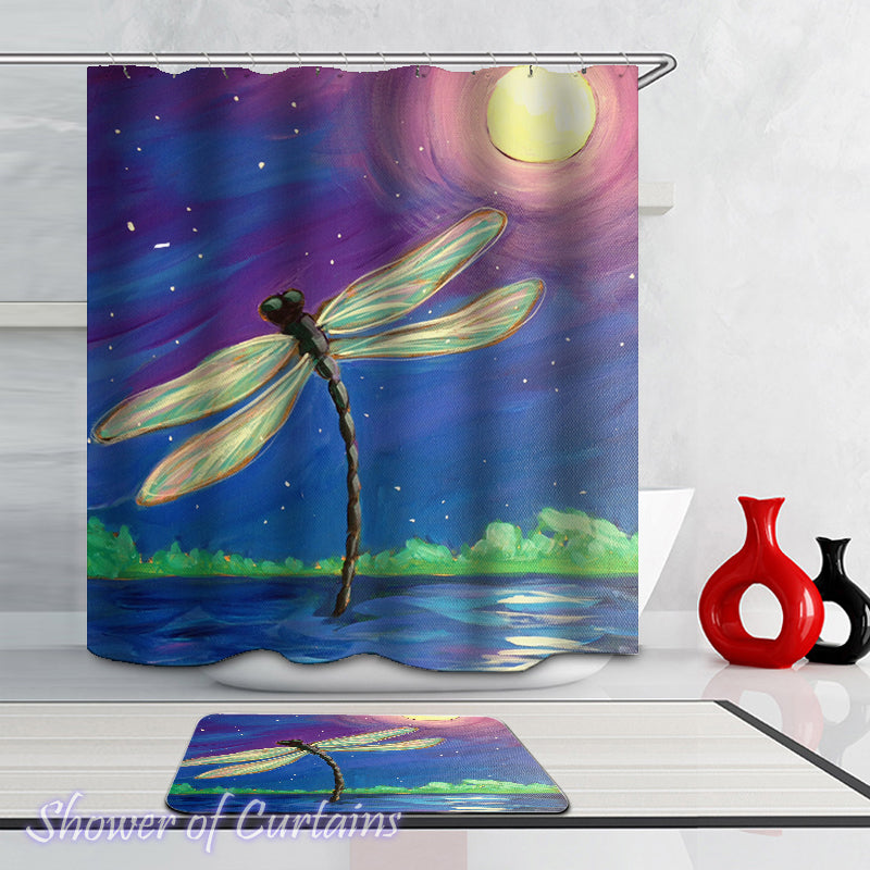 Art Shower Curtains - Dragonfly Moon Light Painting