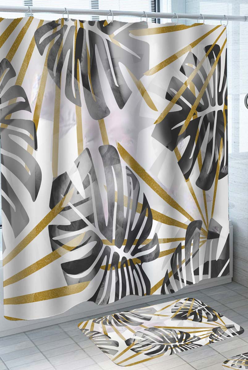 Artistic Gold with Tropical Monstera Leaves Shower Curtain