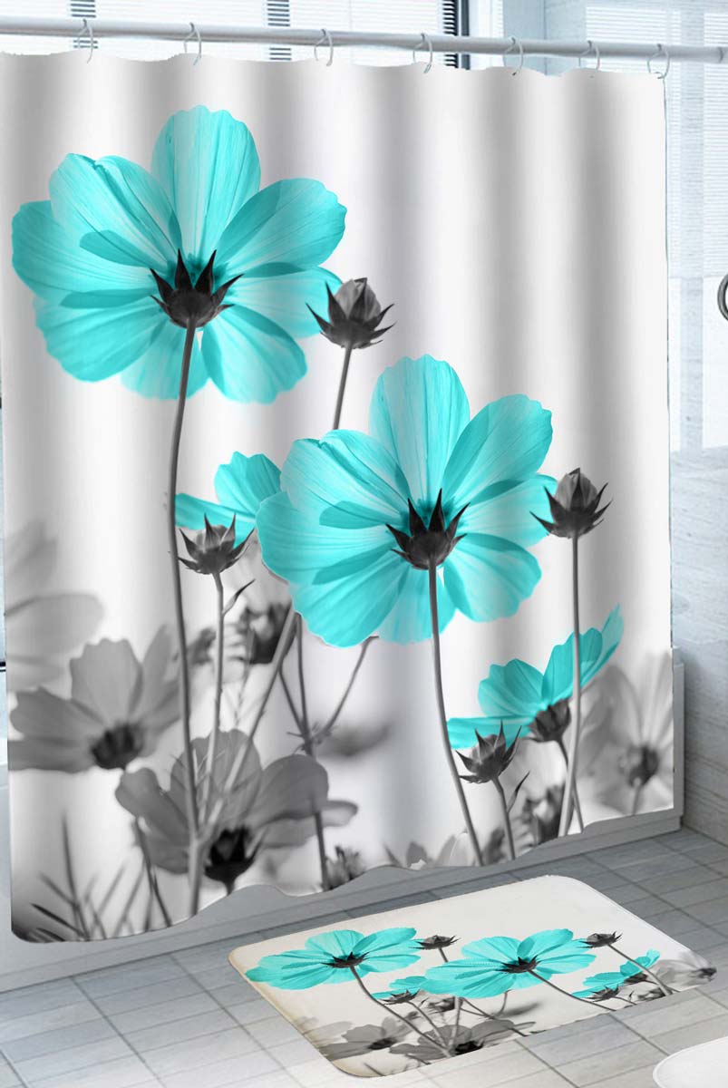 Artistic Shower Curtain Black and White Turquoise Flowers
