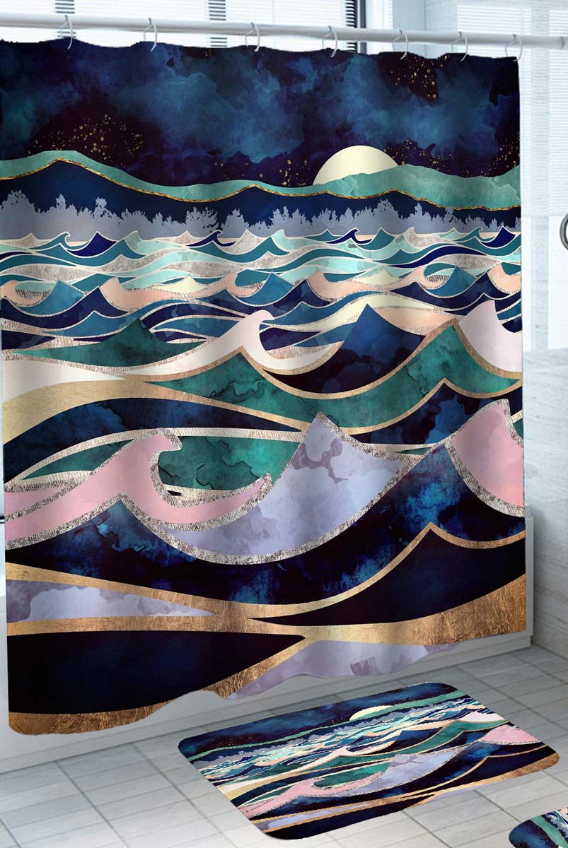 Artwork Shower Curtains with Moonlight Wavy Ocean