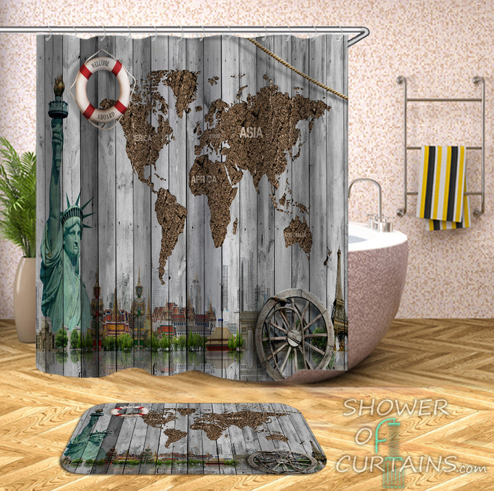 Barn Wall World Map Shower Curtain