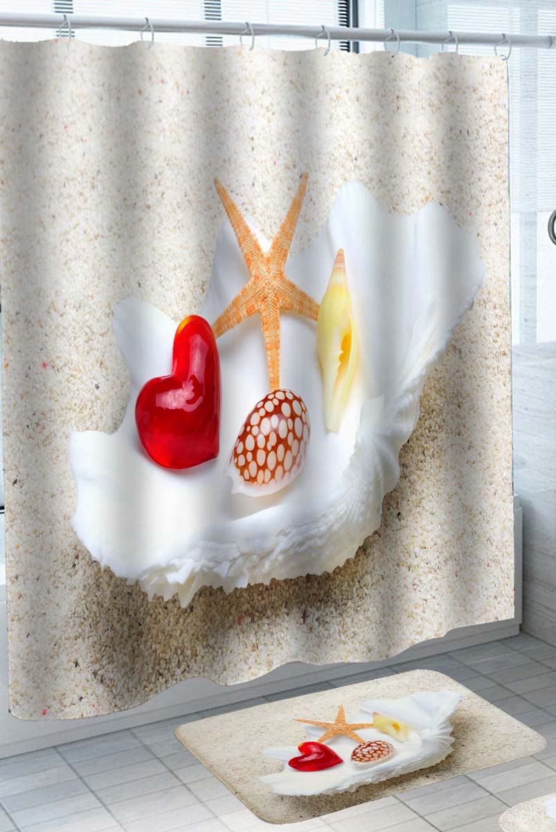 Beach Theme Shower Curtain Heart and Shells on the Beach