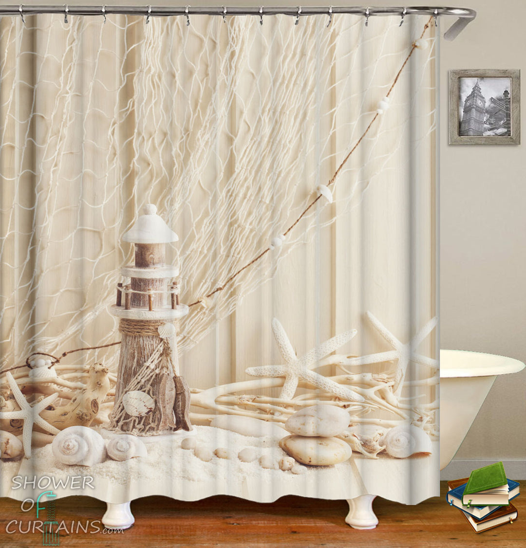 Beach Nautical Shower Curtains of Decorative Starfish Seashells And Lighthouse