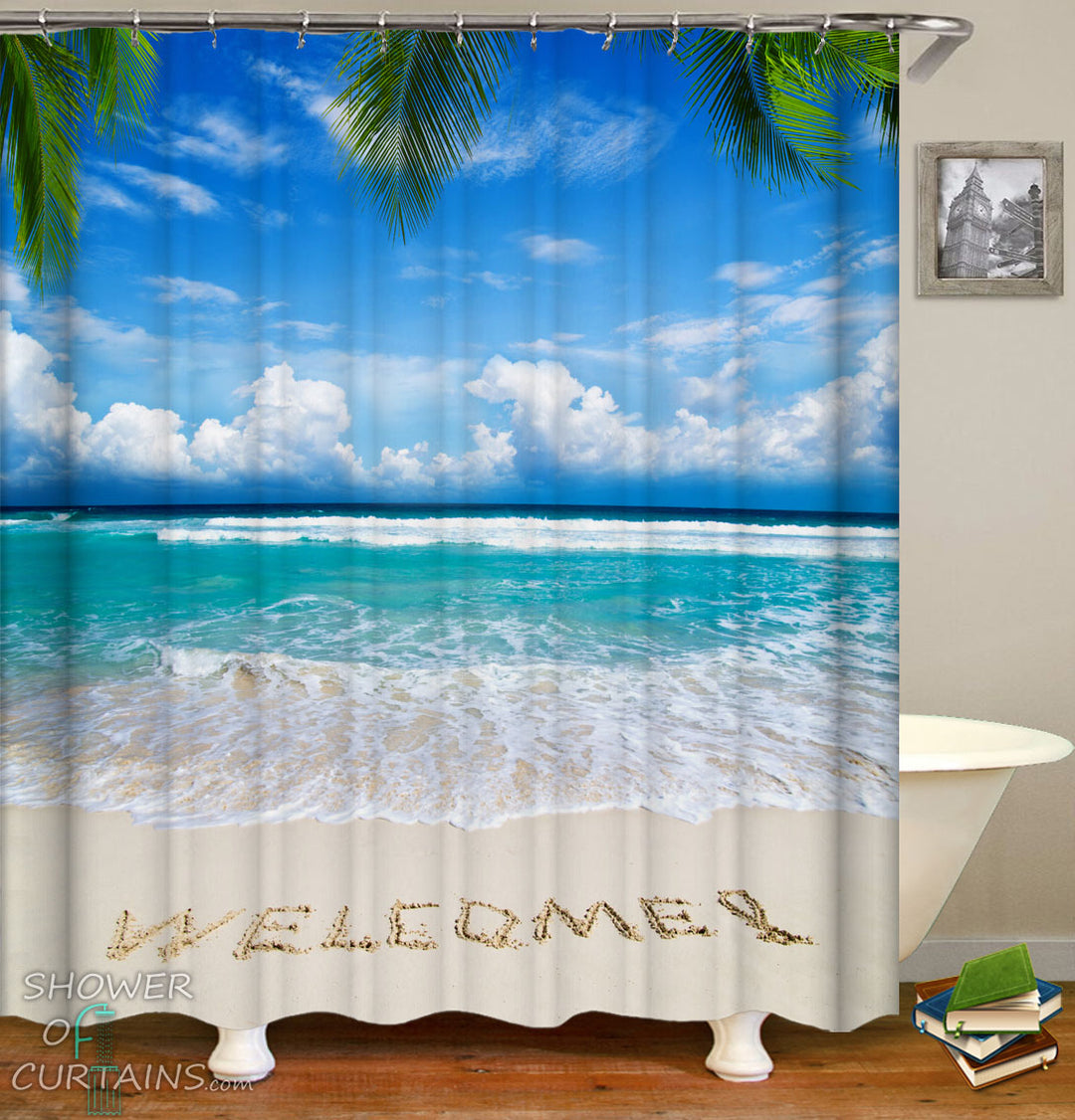 Beach Theme Shower Curtain of Welcome Beach Shower Curtain