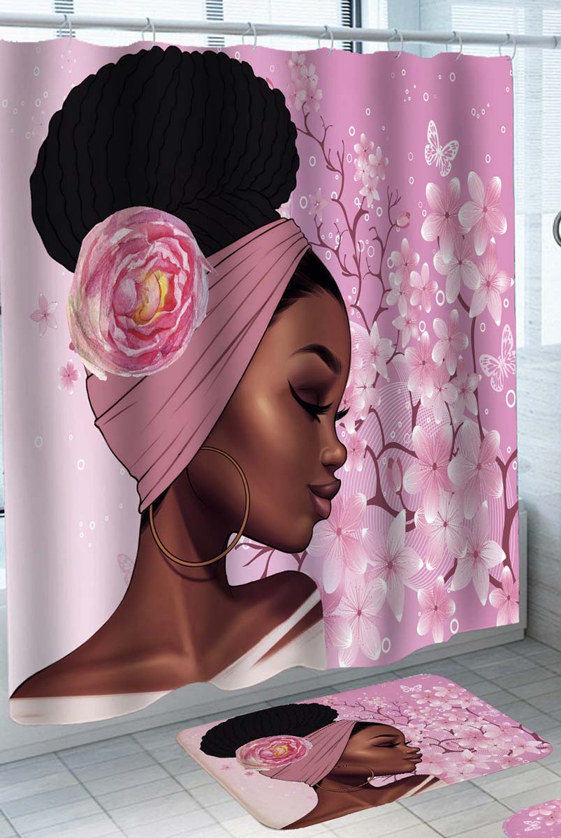 Beautiful Black Girl Shower Curtains with Pink Flowers