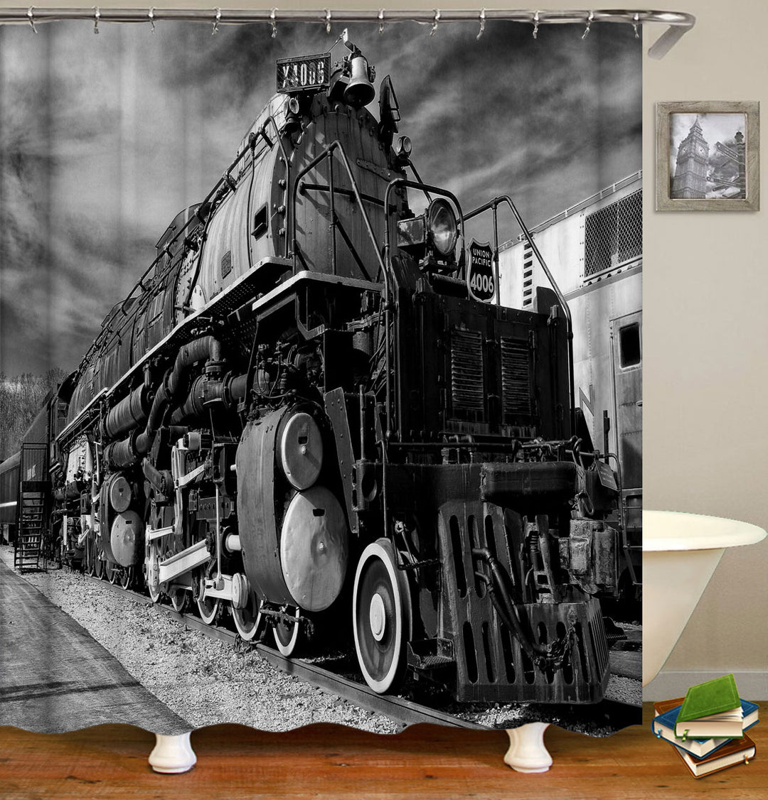 Black and White Vintage Old Fashioned Style Train Shower Curtain