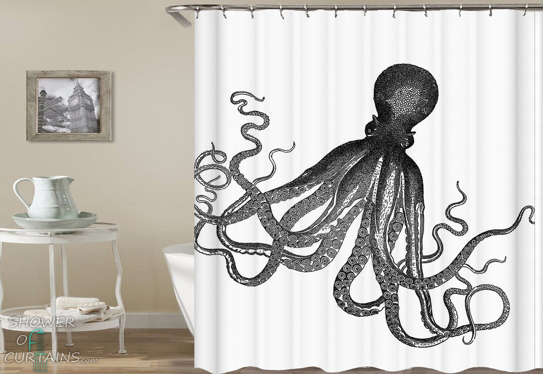 Black And White Shower Curtain of Octopus Drawing