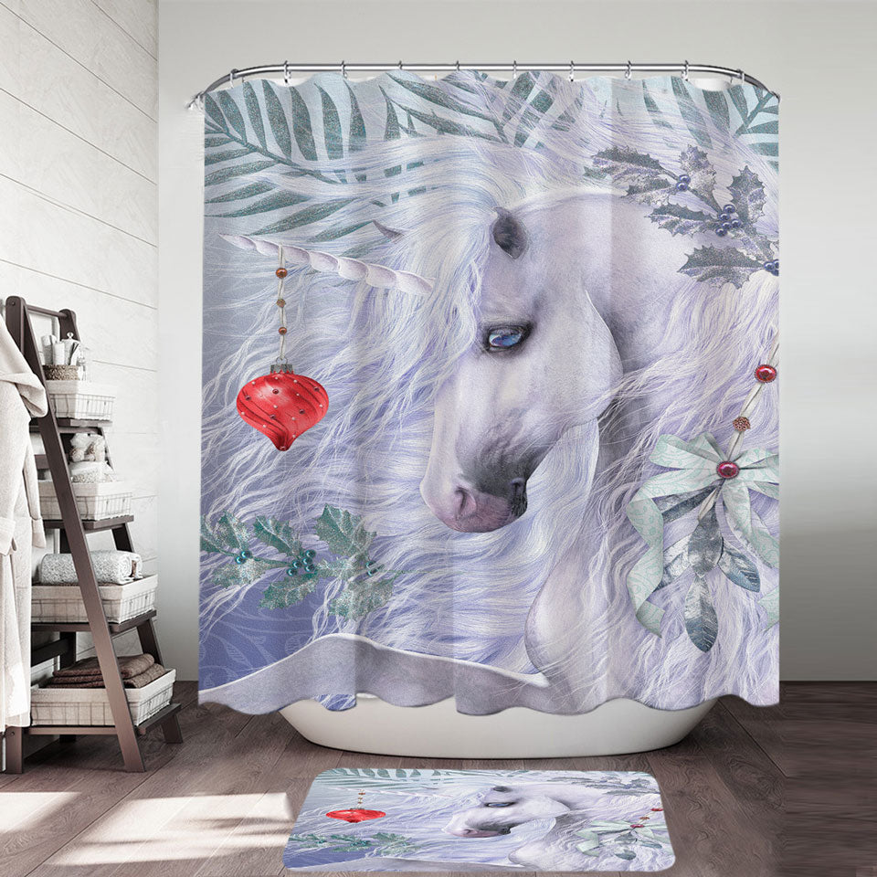 Blue Eyes Christmas White Unicorn Trendy Shower Curtains