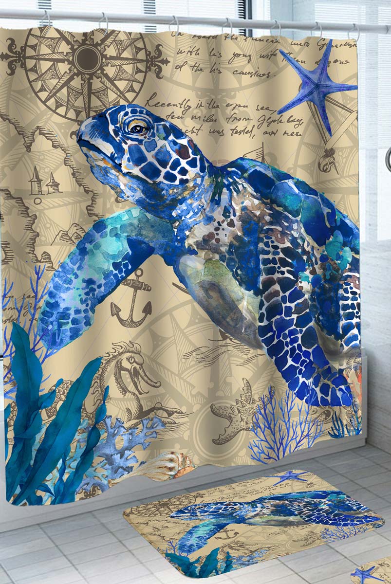 Blue Turtle Shower Curtain and  Vintage Nautical Map