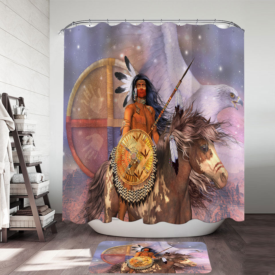 Brave Native American shower Curtains Warrior Eagle and Horse