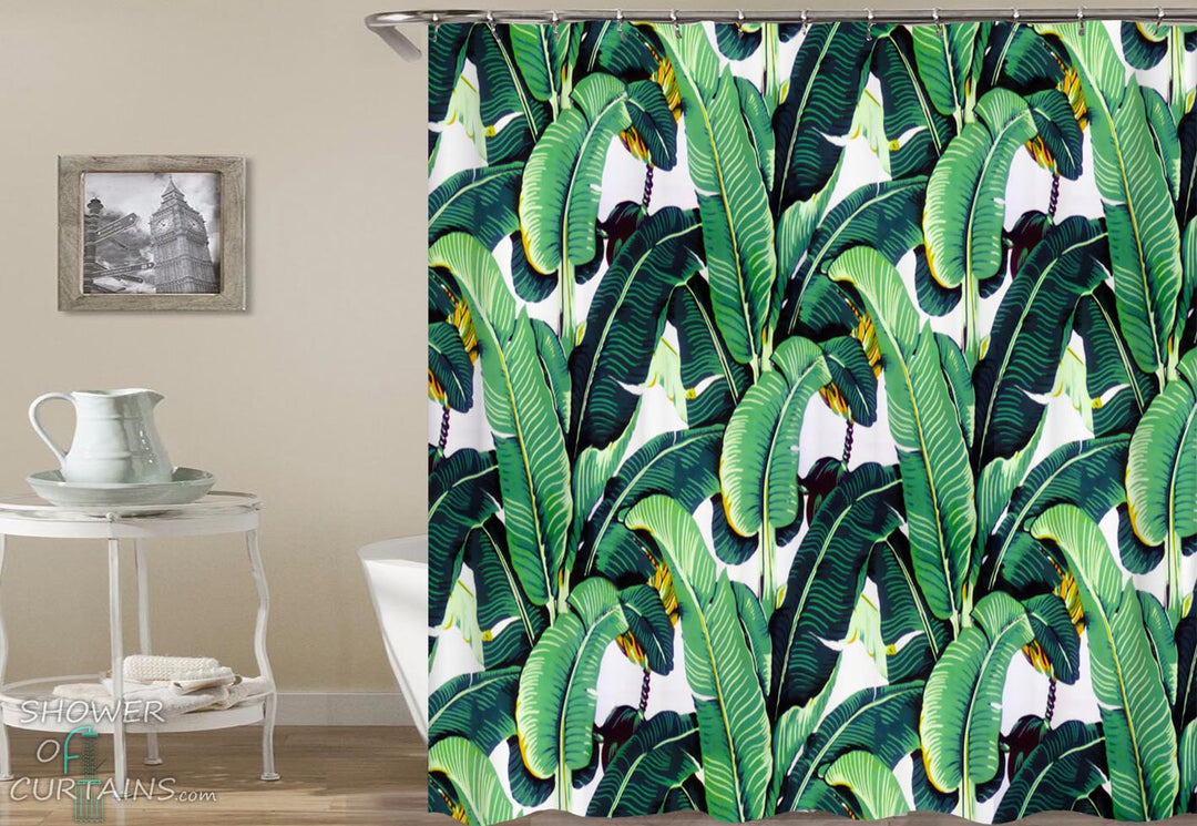 Bright Banana Leaf Shower Curtain - Tropical Themed Bathroom