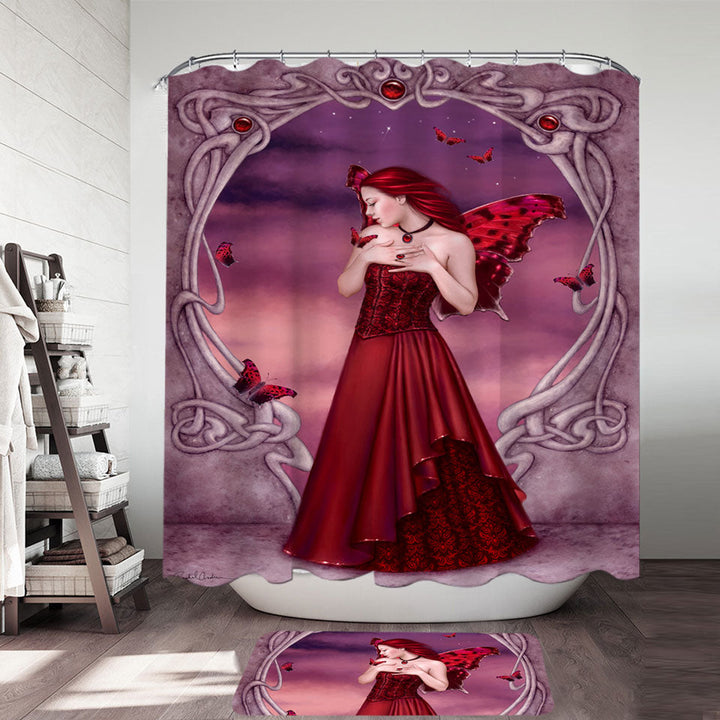 Butterflies and Red Garnet Butterfly Girl Fabric Shower Curtain