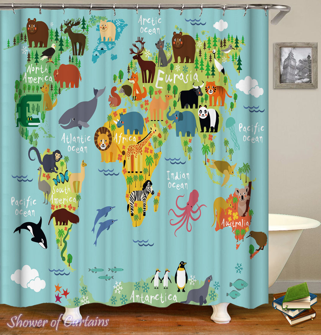 Cartoon Animals Introduce World Map Shower Curtain
