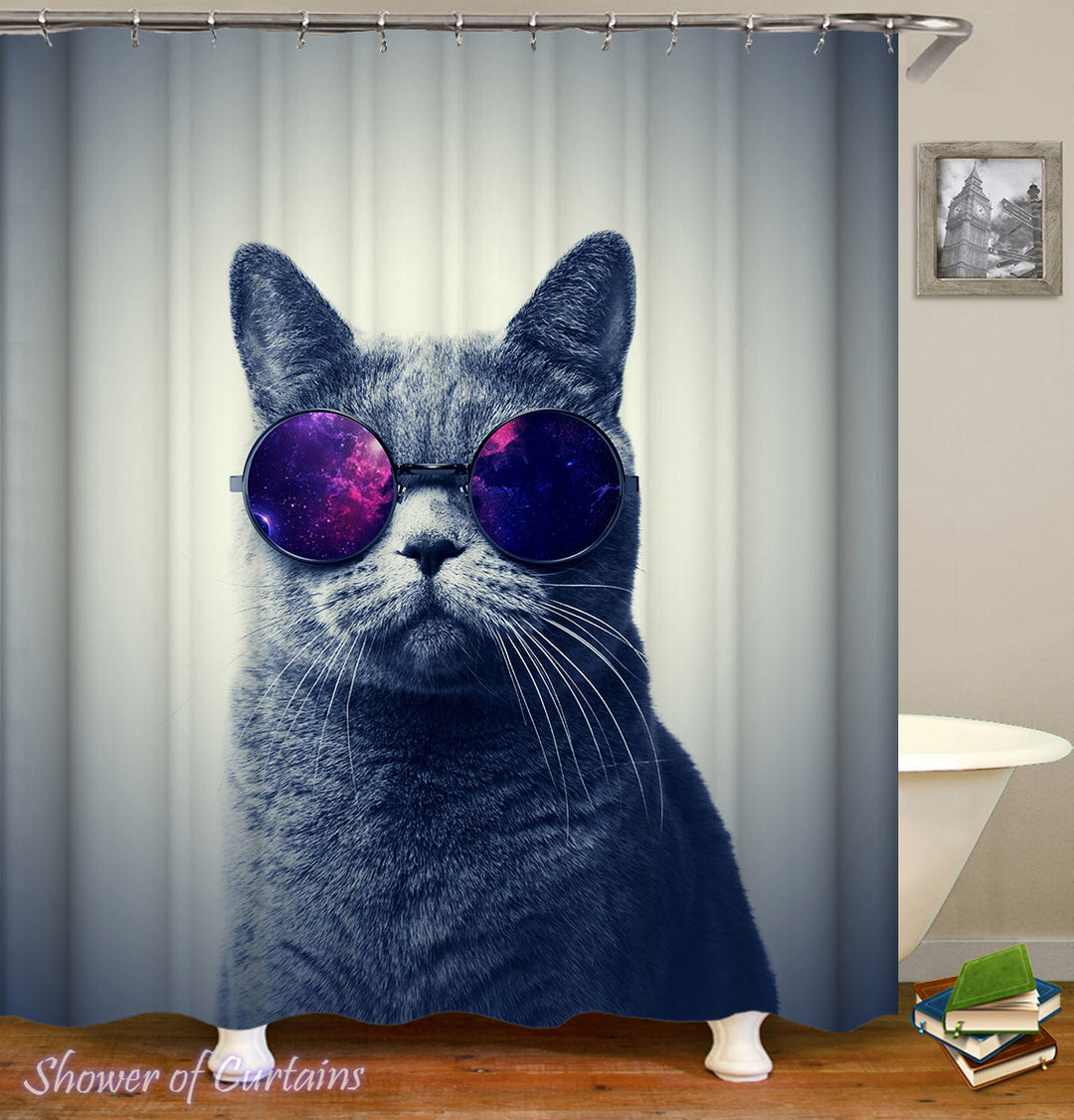 Cat Shower Curtains of Space Glasses Cat #2