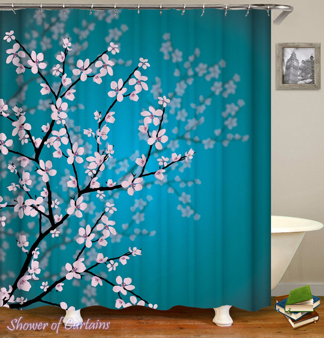 Cherry Blossom shower curtain- Cherry Blossom Over The Turquoise