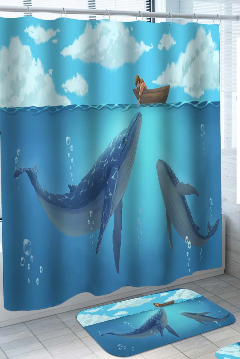 Children Shower Curtains with Little Boy and His Magnificent Whales Friends