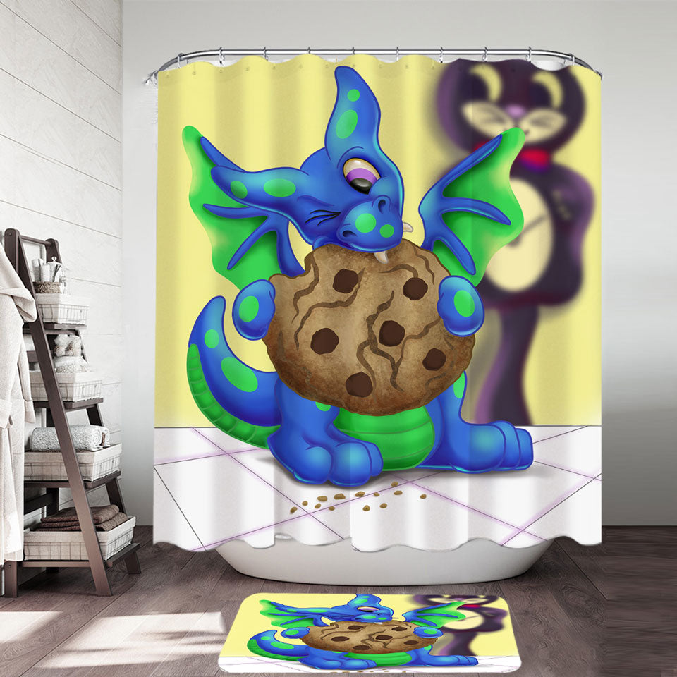 Childrens Shower Curtains Lovely Dragon Eating a Cookie