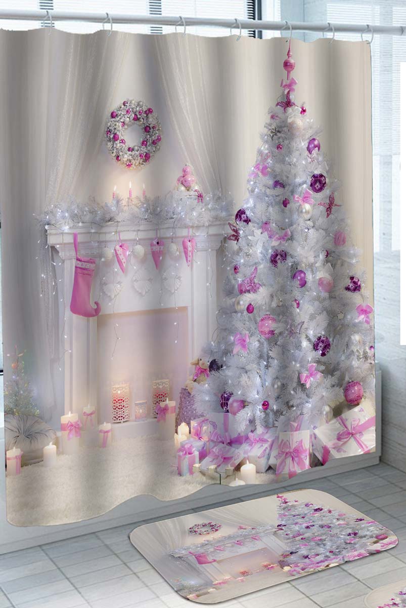 Christmas Bathmat and Shower Curtain Pinkish Christmas Decor and White Tree
