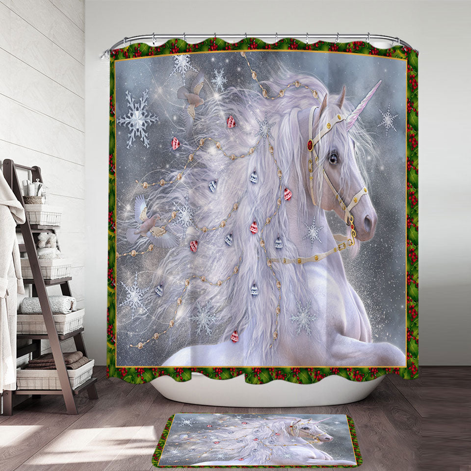 Christmas Magic White Unicorn Shower Curtains