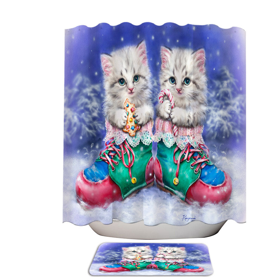 Christmas Shower Curtains Winter Boots with Cute Grey Kittens