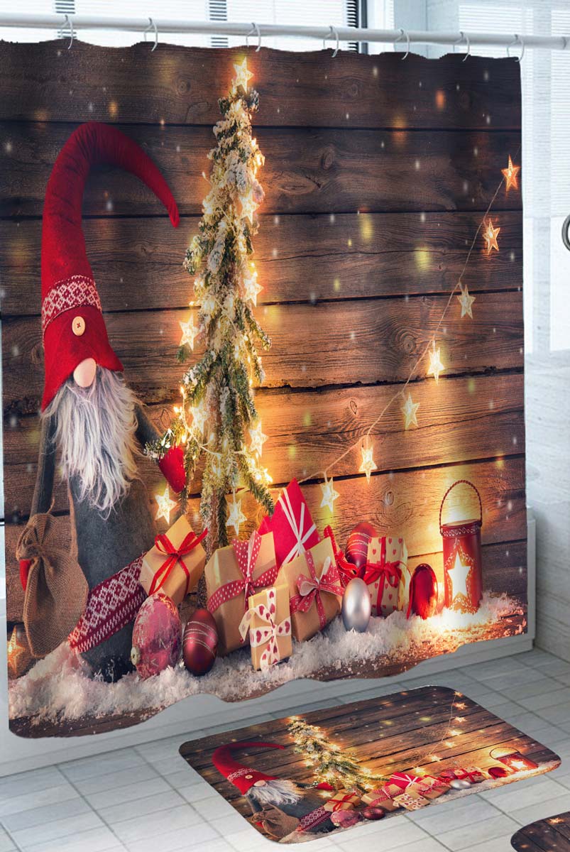 Christmas Shower Curtains with Dwarf Gnome and Presents