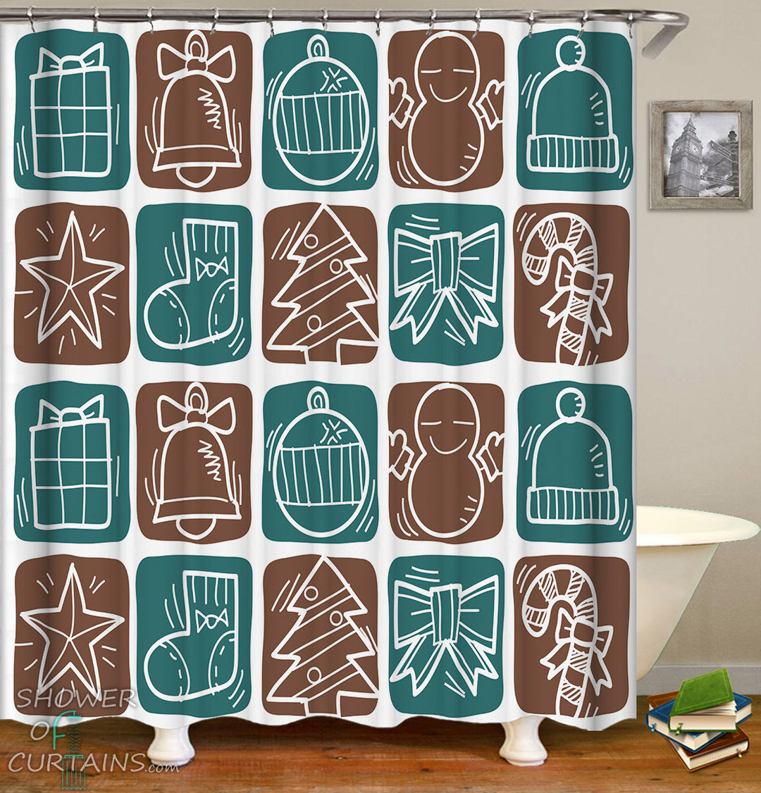 Christmas Shower Curtains of Turquoise And Brown Christmas' Checkers