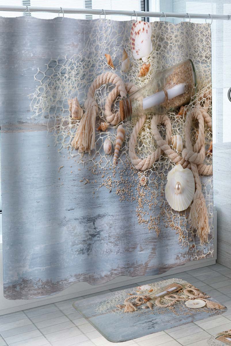 Coastal Shower Curtains of Deck Fishnet and a Message in a Bottle