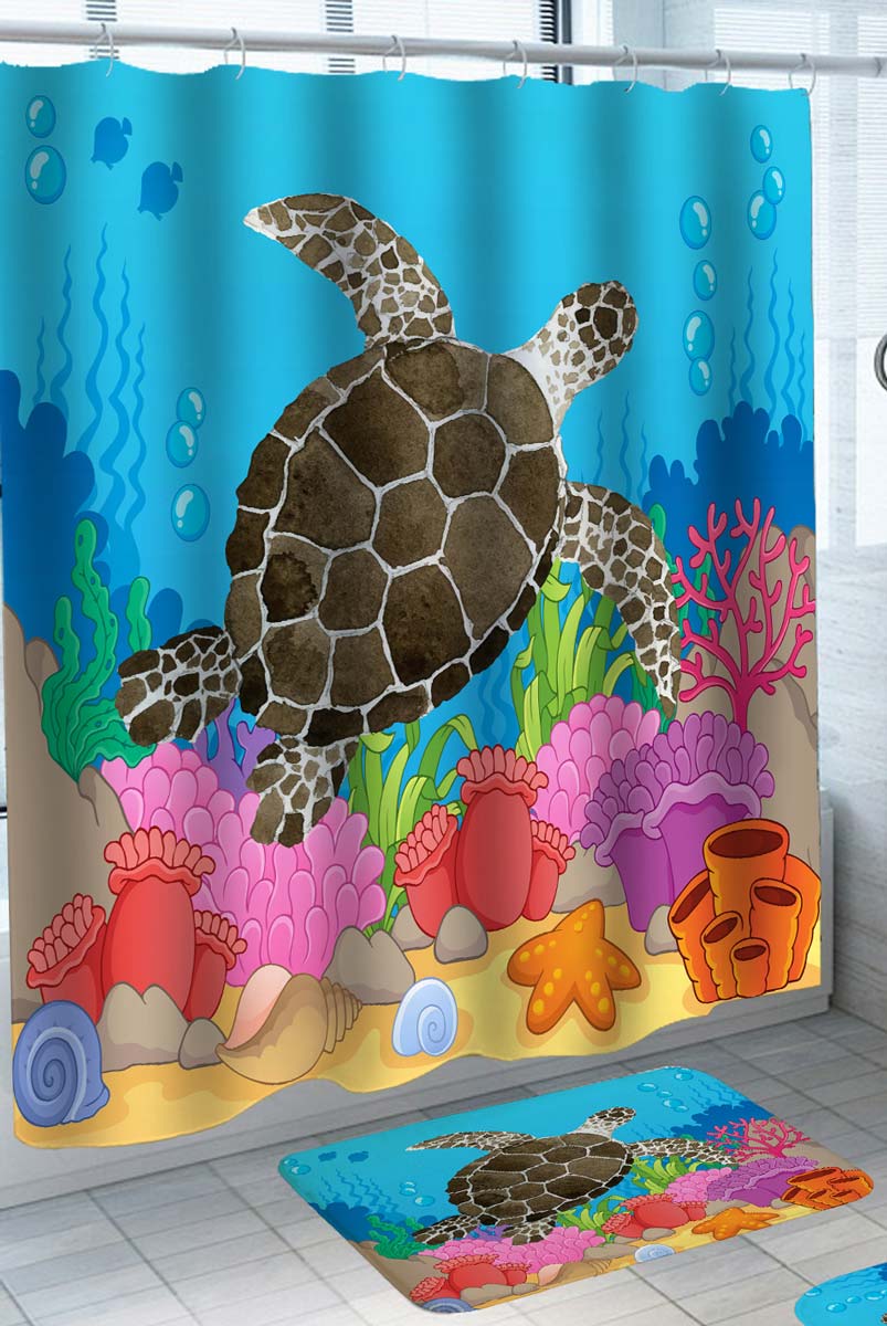 Colorful Cartoon Shower Curtains for Kids Display Corals and Turtle