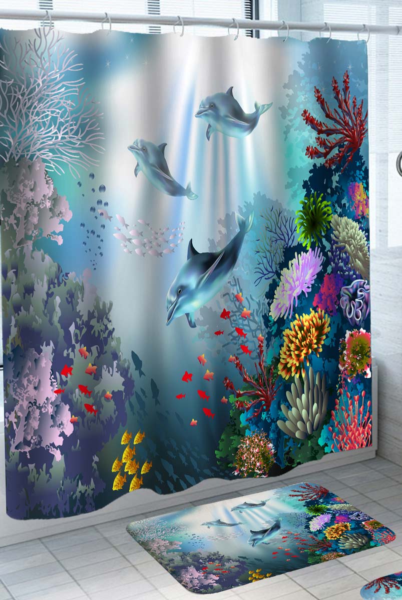 Colorful Coral Reef and Dolphins Shower Curtains