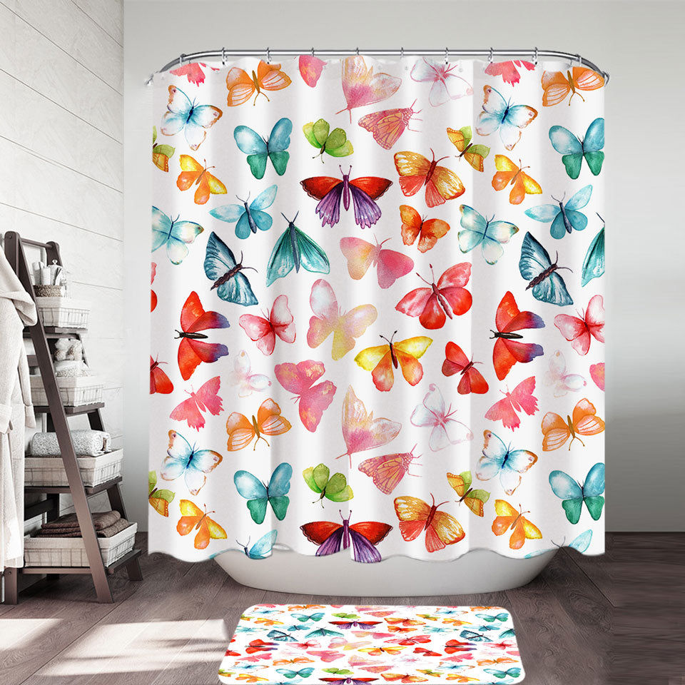 Colorful Decorative Shower Curtains Pastel Colors Butterflies Shower Curtain and Bathroom Rugs