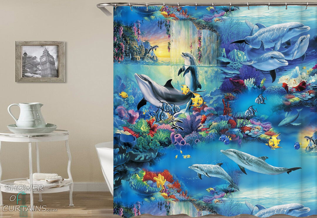 Colorful Underwater Life Shower Curtain - Dolphin Bathroom