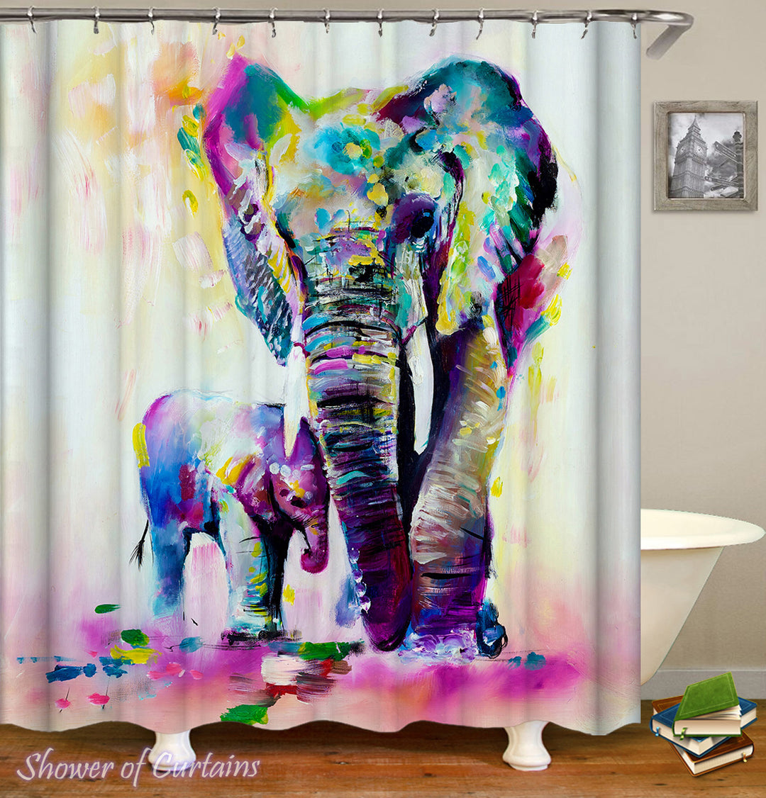 Colorful Art Shower Curtains of Elephant And Its Baby Art Painting