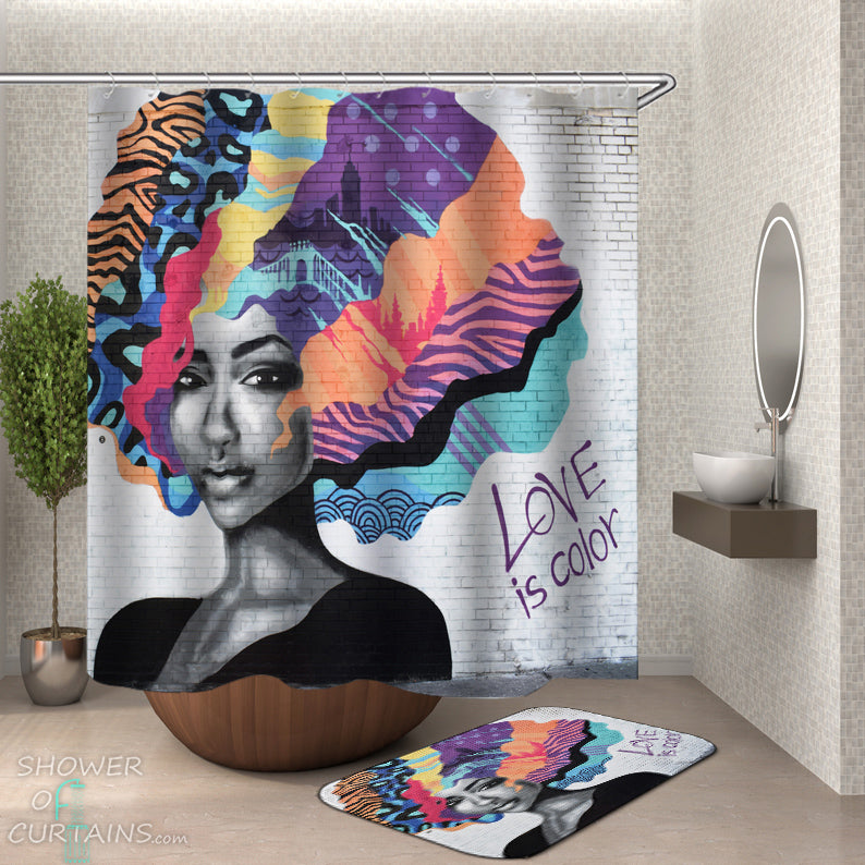 Colorful Black Woman Shower Curtain of Love Is Color Wall Art