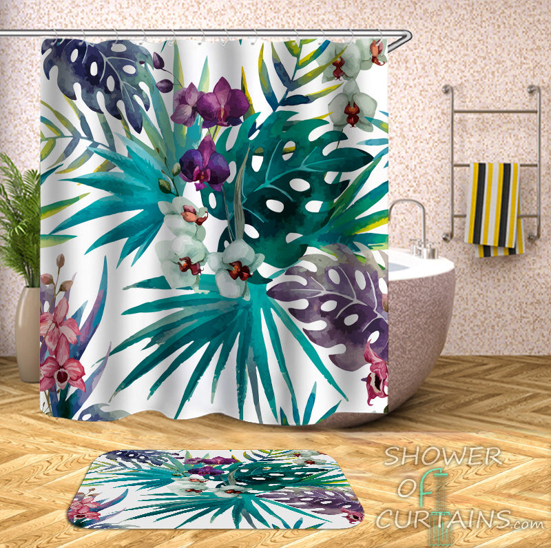 Colorful Tropical Leaves Shower Curtains - Tropical Themed Bathroom