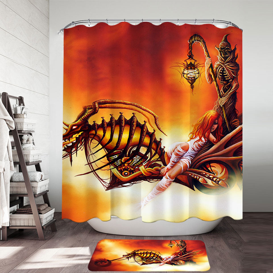 Cool Art the Death Ferryman Dragon Motorcycle and Girl Shower Curtain