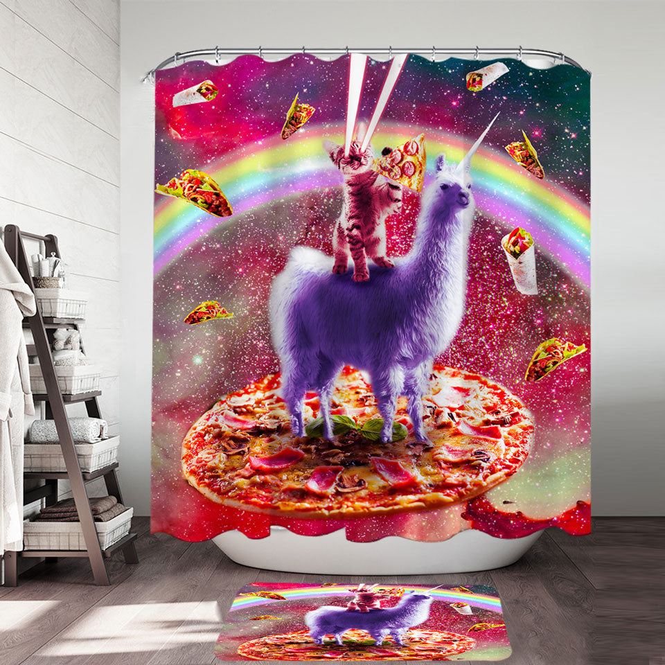 Cool Crazy Art Outer Space Cat Riding on Llama Unicorn Shower Curtain
