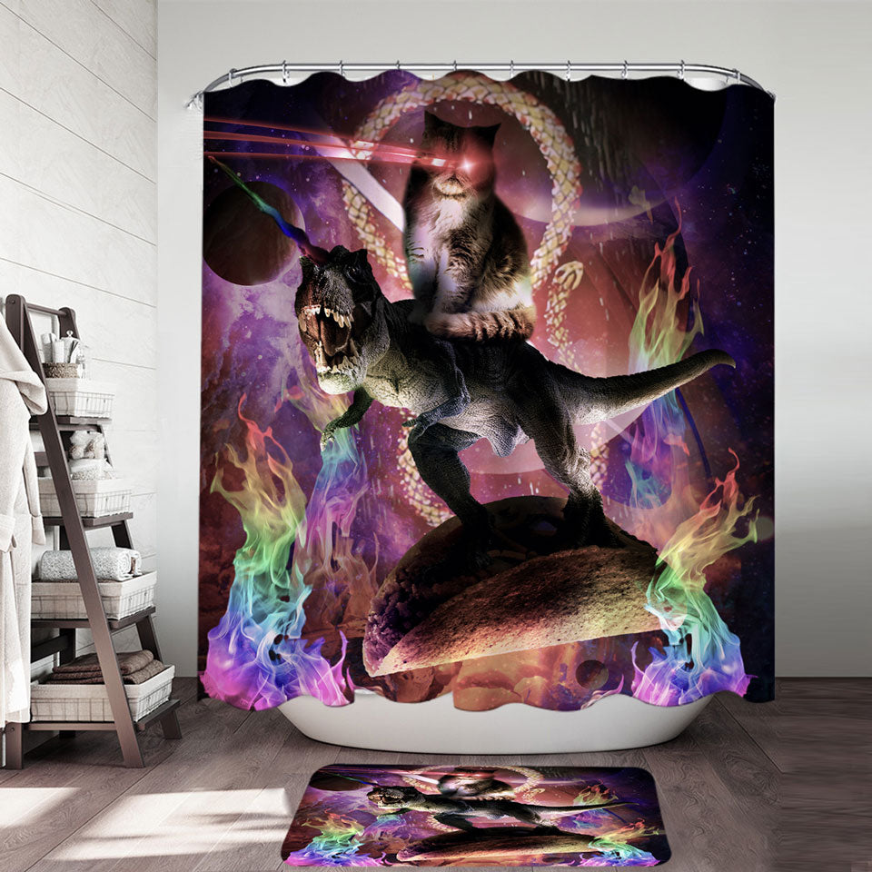 Cool Fiction Animals Evil Cat Riding Dinosaur Shower Curtain