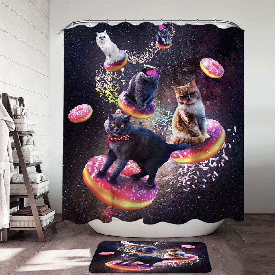 Cool Space Galaxy Shower Curtains with Cats Riding Donuts